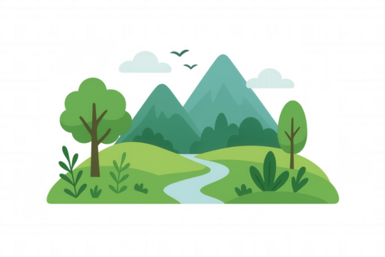 Green nature landscape vector drawing with mountains, hills, river, trees, and clouds on transparent background