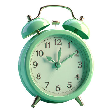 Old-fashioned style green metal alarm clock with simple clock face isolated for tradition and routine