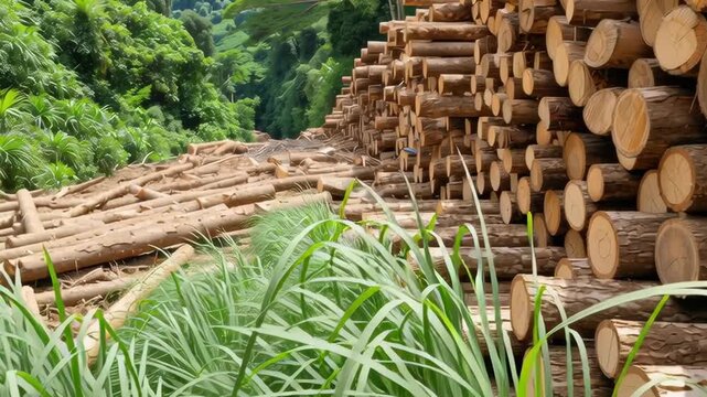 A beautiful mountain range with a lush green forest. The trees are tall and spread out, creating a sense of tranquility and natural beauty. In the foreground, there is a large pile of logs