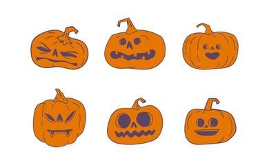 Halloween pumpkins with funny and spooky carved faces, hand drawn vector illustration