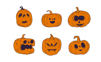 Halloween pumpkins with funny and spooky carved faces, hand drawn vector illustration
