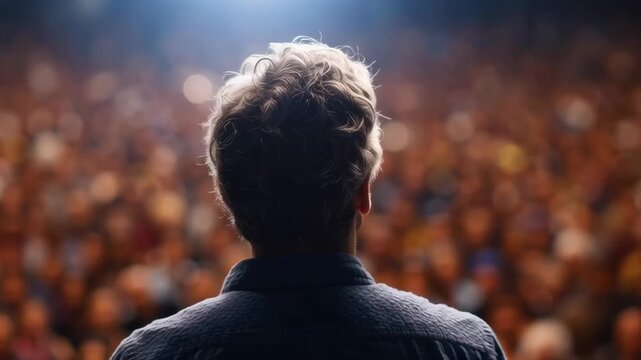 A man stands in front of a crowd of people, his head turned to the side. Concept of awe and wonder, as if the man is about to deliver an important message or speech