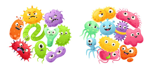 Naklejka premium Cute cartoon microbes. Probiotics and pathogenic bacteria monster colorful characters. Germ and virus, allergen infection, microbe. Microbiology vector isolated set