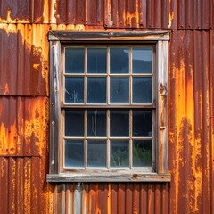 Rustic window framed by weathered corrugated metal