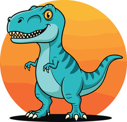 Cute cartoon dinosaur illustration, smiling T-Rex character with orange sunset background, fun prehistoric animal art for kids and education