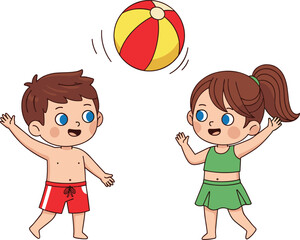 Happy kids playing with colorful beach ball on summer day, cartoon children having fun outdoor activity at seaside vacation