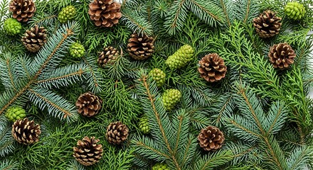 Festive christmas fir branches and pine cones background