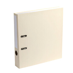A closed, cream-colored binder, standing upright against a black background, clipped
