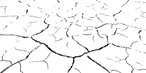 Black and white cracked dry earth texture background. Abstract drought land surface showing parched soil pattern, symbolizing climate change, desertification, heatwave, and environmental crisis.