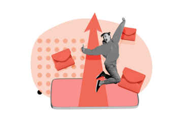 Composite photo collage of excited girl jump iphone screen arrow up progress achievement goal freelance isolated on painted background