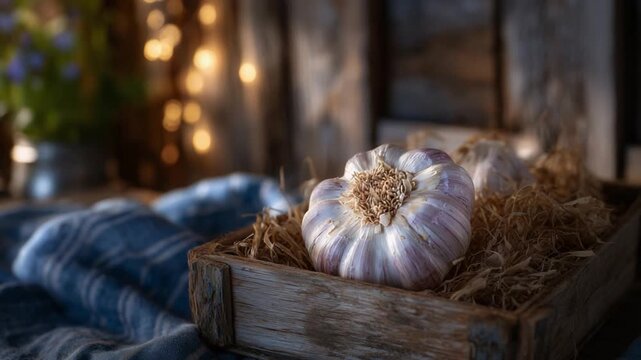 A detailed close-up of a garlic bulb's textures and roots on a rustic crate, bathed in soft morning sunlight for an authentic agricultural feel.