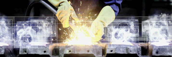 Industrial welding close‑up with sparks and protective gloves, symbolizing manufacturing, engineering, metallurgy, fabrication, safety, and skilled labor in modern industry