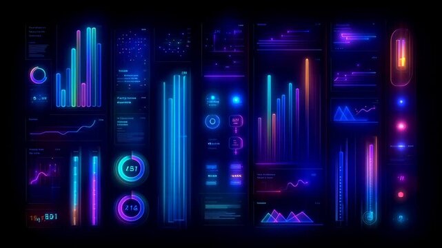 Neon blue and purple digital interface with multiple data visualization elements: bar graphs, circular progress indicators, wave charts, and technological design elements on dark background. Loop - Powered by Adobe