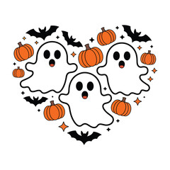 Ghost Heart Halloween Vector Illustration, Pumpkin and Bat Love T-shirt Design Graphic