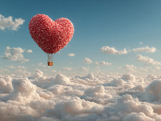 Fototapeta premium a heart-shaped hot air balloon floating above the clouds in a serene, blue sky.
