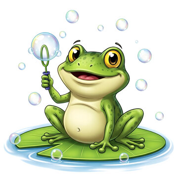"Playful Cartoon Frog with Bubble Wand on Lily Pad"
