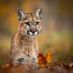 Cougar in Autumn Leaves