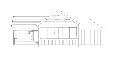 Simple black and white illustration of a small house with a porch and gable roof