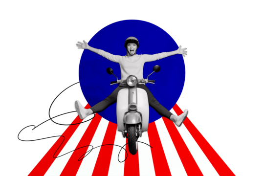 Composite collage image of ride scooter travel national independence america day fourth july concept weird freak bizarre unusual fantasy