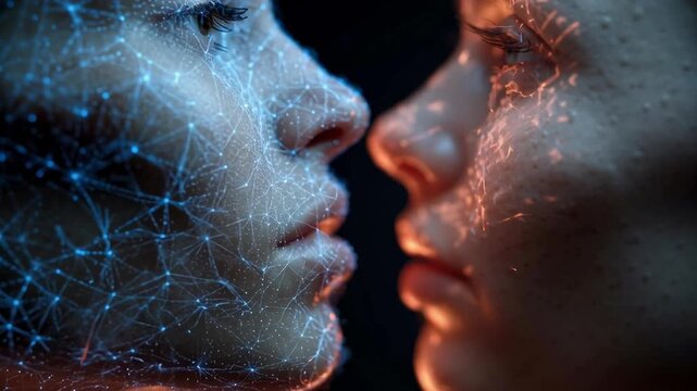 Two faces with a blue and red line between them. The blue line is the face of a woman and the red line is the face of a man
