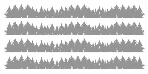 Obraz premium Four horizontal rows of grey evergreen tree silhouettes creating a forest border design