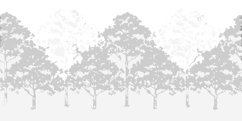 Seamless pattern of stylized trees in shades of gray on a white background