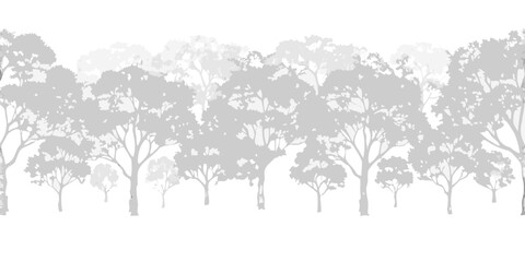 Seamless pattern of stylized trees in various shades of gray and white against a white background