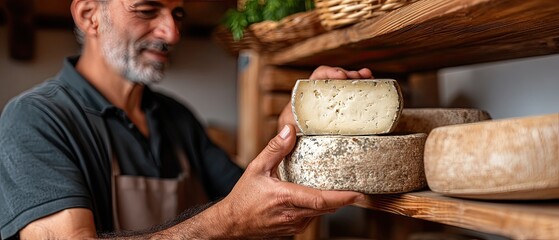 A skilled cheese maker carefully examines a cheese wheel, showcasing expertise in the dairy production process in a lively workshop