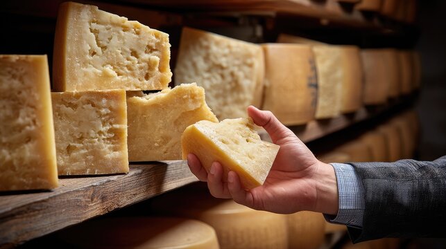 A skilled cheese maker carefully examines a cheese wheel, showcasing expertise in the dairy production process in a lively workshop