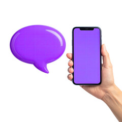 Hand holding phone w/ purple screen & adjacent speech bubble, both on a black background