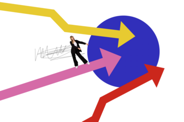 Composite photo collage of happy businesswoman dance development arrow success growth statistics growth isolated on painted background