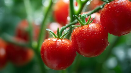 Fresh and juicy red tomatoes hang on a vine. They are vibrant and full of water droplets, showcasing their freshness. This close-up captures the beauty of nature. Ideal for recipes and gardening. AI