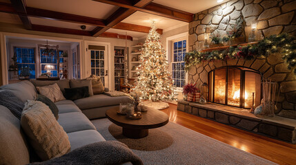 A cozy living room decorated for Christmas with a glowing fireplace and a beautifully adorned tree.