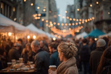 Fototapeta premium Crowded street market illuminated by warm lights, festive atmosp