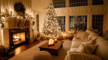 A cozy living room decorated for Christmas with a glowing fireplace and a beautifully adorned tree.