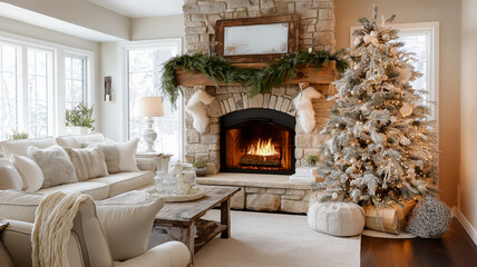 A cozy living room decorated for Christmas with a glowing fireplace and a beautifully adorned tree.