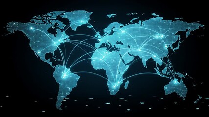 Global network connections map with illuminated points on a dark background - Powered by Adobe