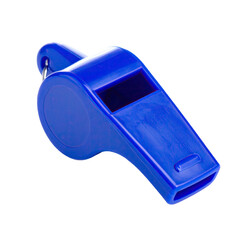 A close-up view of a vibrant blue whistle isolated against a black background