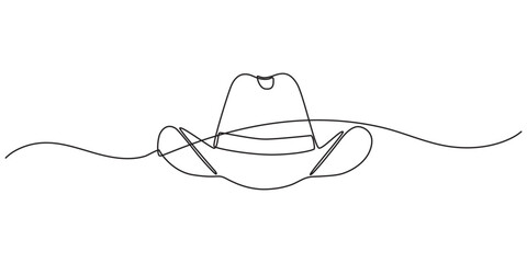 Fototapeta premium Continuous single drawn one line men hat, one line drawing of cowboy hat. Simple cowboy hat line art, Cowboy hat continuous one line drawing vector illustration. Premium vector, Boater Hat Continuous.