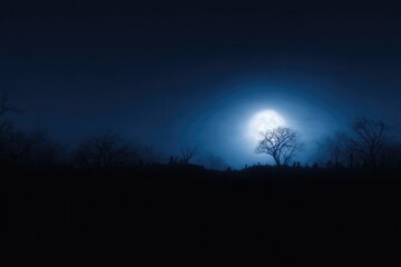 Mysterious night scene with glowing moon illuminating silhouette
