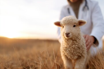 Obraz premium Fluffy lamb interacts gently with farmer in warm golden sunlight