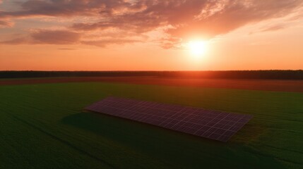 Stunning sunset over expansive fields with solar panels reflecti