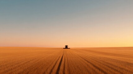 Fototapeta premium Golden fields stretch under vast sky at sunset, with lone harves