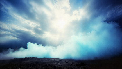 Majestic clouds illuminated by sunlight against a dark landscape  