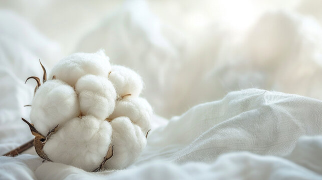 A soft and serene close-up of natural cotton bolls with their fluffy white fibers and rustic brown husks, elegantly arranged on flowing, gently draped cream-colored fabric, emphasizing organic beauty 