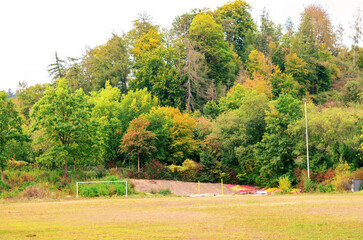 Abandoned football field with simple goal posts at the edge of a vibrant autumn forest