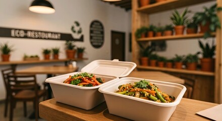 Eco-restaurant setting with compostable food containers on a wooden table, plants abound. Warm, natural colors evoke a cozy, eco-friendly vibe. AI Generated