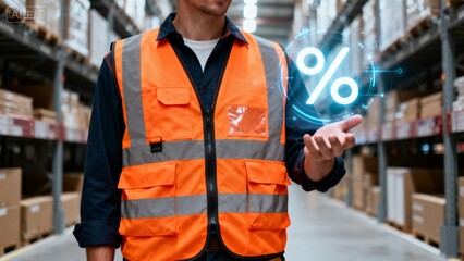 Warehouse worker with digital percentage icon