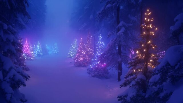 Ethereal winter scenery featuring pine trees adorned with vibrant glowing lights in soft blue and pink tones. Misty snowscape with luminous evergreens creating surreal atmospheric landscape