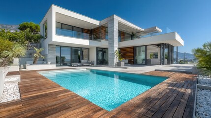 Fototapeta premium Modern luxury villa with infinity pool and panoramic ocean views sunny day
